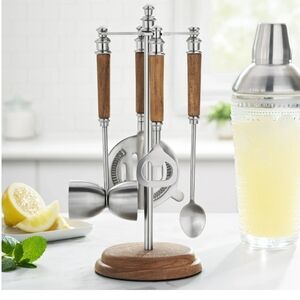 ❤️ 2025 Pioneer Woman Stainless Steel 5 Piece Wood Bar Tool Set & Storage Stand